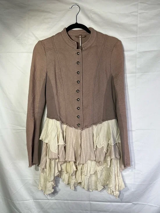 Free People Military Ruffles Hem Long Sleeve- Taupe & Cream - Picture 1 of 8
